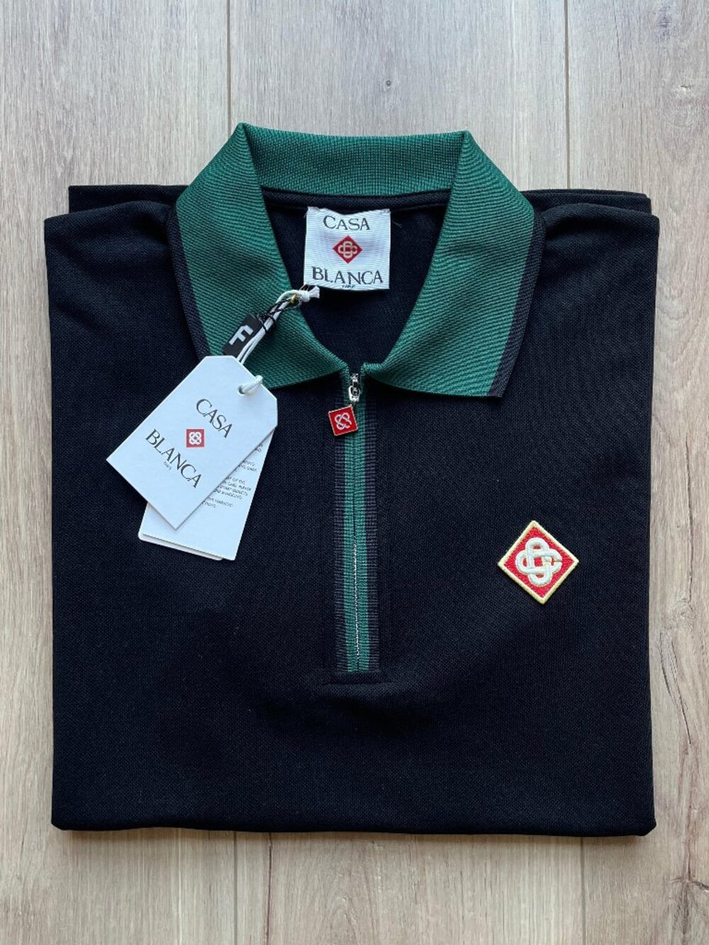 XL Casablanca Black Polo Shirt Green Collar Half Zip Embroidered Logo Men